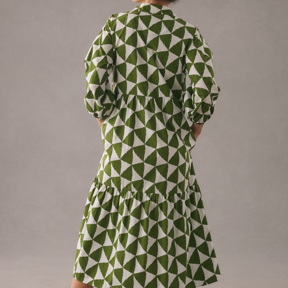 Anthropologie Olive Green and Cream Geometric Long Sleeve Maxi Dress - Picture 2 of 9